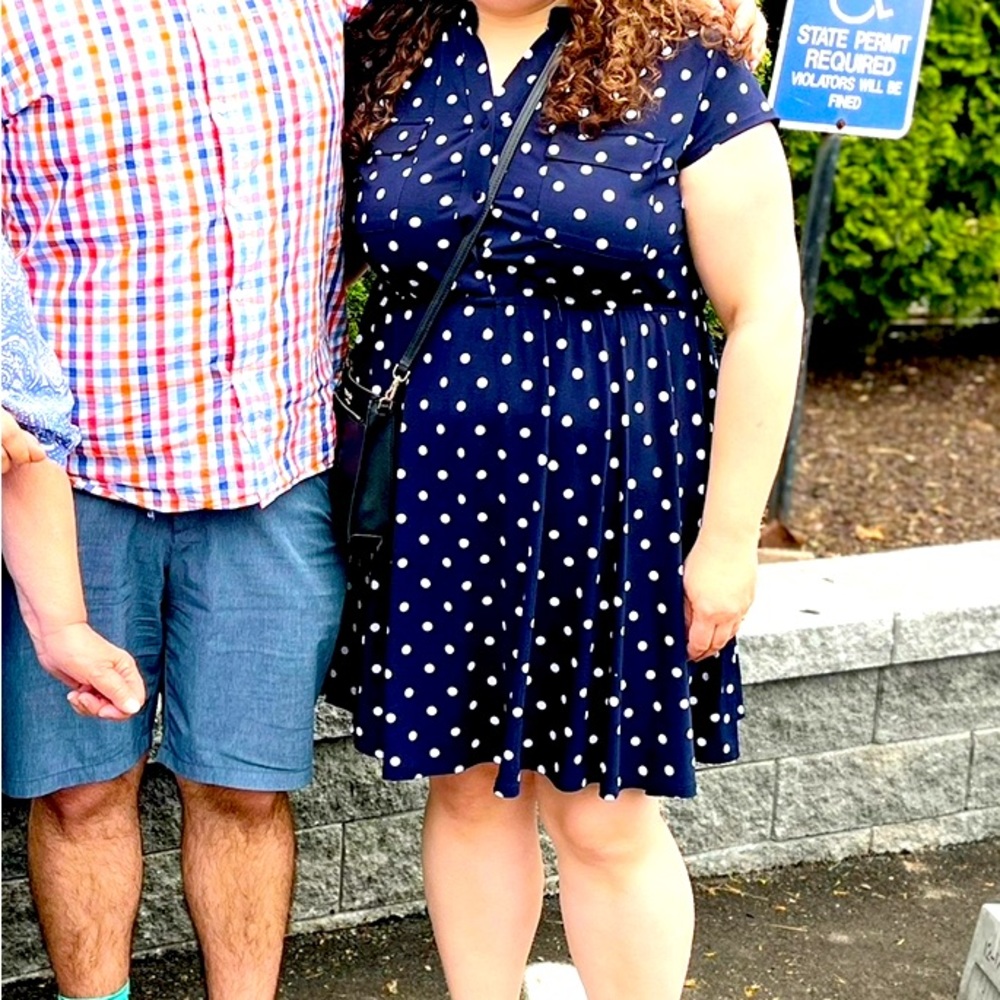 2X Roz & Ali Navy Blue & White Polka Dot Dress